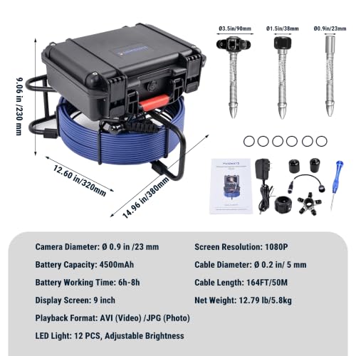 Holdwells Sewer Camera, 9" Pipeline Inspection Camera, 165ft/50m - size: 165FT/50M, style: 9" Screen