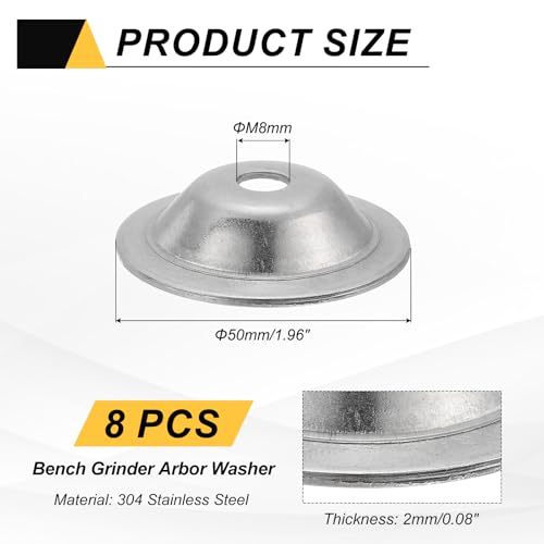 MECCANIXITY 8 Pcs M8 Arbor Washer, 2x50mm 304 Stainless Steel Bench Grinder Arbor Washer for Bench Grinder Polisher Wire Wheel Buffing, Silver - size: M8 x 50 x 2 mm