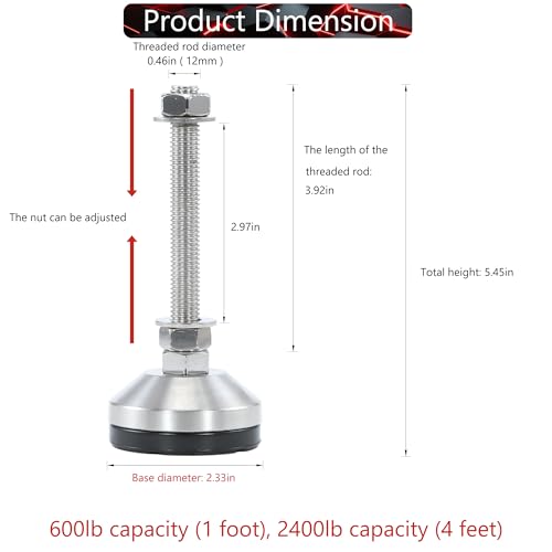 Heavy Duty 2400 lb Capacity Stainless Steel Adjustable Leveling Feet for Shelving,Machinery Devices, Workbench,Furniture,M12 Thread, 2.33inches Dia Base, Anti-Slip Nylon Pad - color: Black, size: B2.33in x M12 x H3.94in