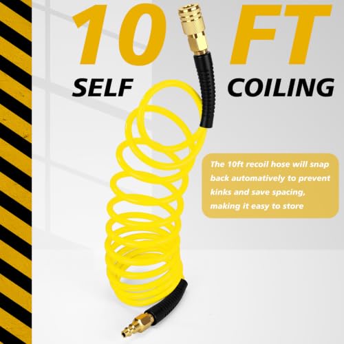 Flutesan 10 Pack 1/4 in x 10 ft Recoil Air Hose with Quick Coupler, Yellow - color: Yellow
