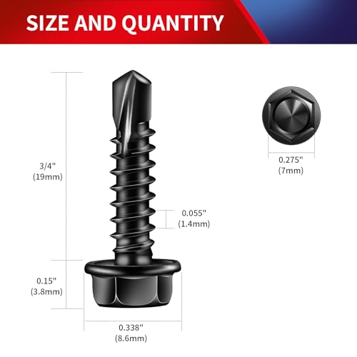 #8 x 3/4" Self Drilling Screws (215Pcs) Hex Washer Head 410 Stainless Steel Self Tapping Screws for Metal Sheet Metal Screws Black Oxide with Hex Socket Included - color: Black, size: #8 x 3/4"