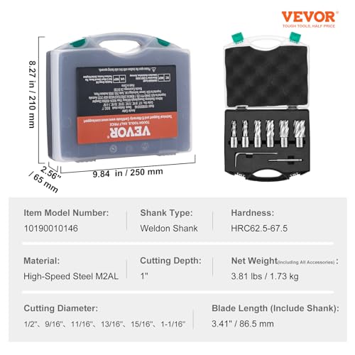 VEVOR Annular Cutter Set, 6 pcs Weldon Shank Mag Drill Bits, 1" Cutting Depth, 1/2" to 1-1/16" Cutting Diameter, M2AL High-Speed Steel, with Pilot Pin and Portable Case, for Using with Magnetic Drills - size: 1/2"- 1-1/16 * 1"