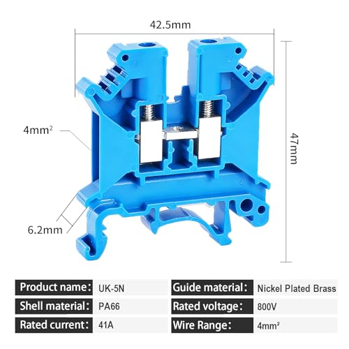 100PCS Red UK5N Terminal Block DIN Rail Terminal Blocks - Application for 24-10AWG 800V Electrical Cabinets Distribution Box,Solar Power System,PLC Industrial Control Automation Panel DIY CNC RV - color: UK5N Blue