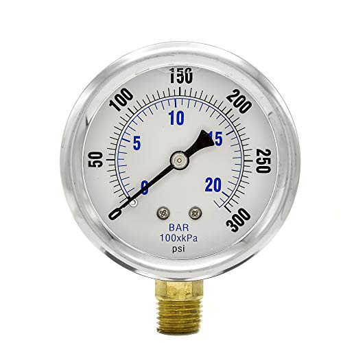 PIC Gauges PRO-201L-254H Bottom Mount Glycerin Filled Industrial Pressure Gauge w/ SS Case, Brass Internals, Plastic Lens, 2.5" Dial, 0/300 psi Range, 1/4" Male NPT - style: 0-300 PSI