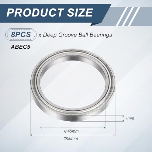 uxcell 8Pcs 6809ZZ 45mmx58mmx7mm Deep Groove Ball Bearings ABEC5 - size: 6809ZZ 45mmx58mmx7mm