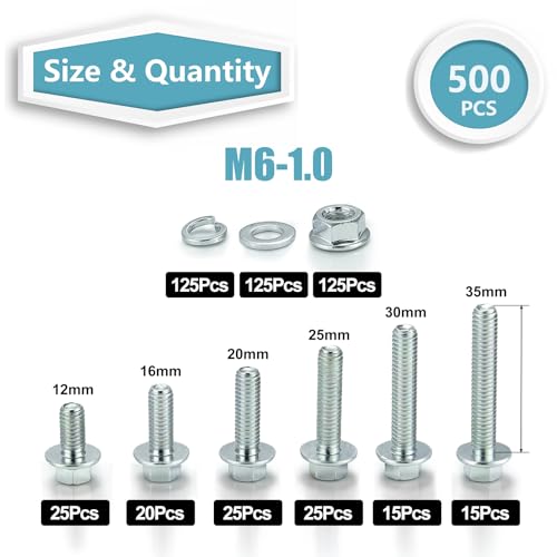 Kadrick 500Pcs Flange Hex Bolts and Nuts Kit,M6 x1.0 (M8 x1.25 M10-1.25 Available) (12mm to 35mm) Metric Bolt Assortment,Alloy Steel Class 8.8 Zinc Plated - size: 500Pcs M6 FLANGE HEX Zinc