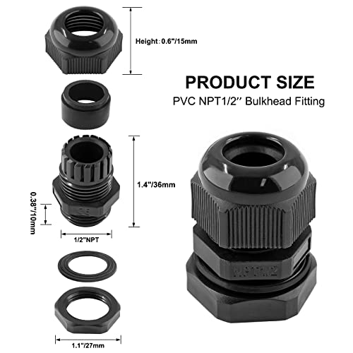 1/2" NPT Cable Glands, 12 Pack, 6-12mm - color: Black, size: 1/2"-12PCS