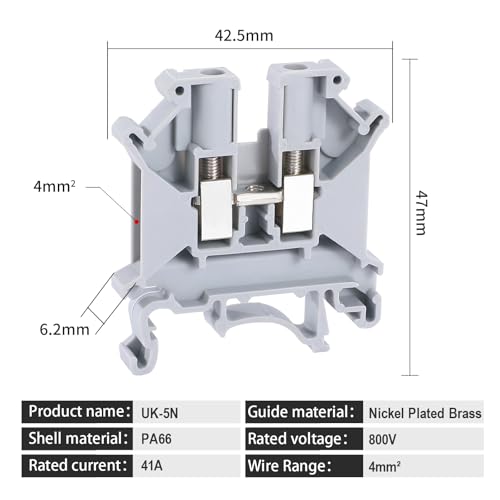 100PCS Gray UK5N Terminal Block DIN Rail Terminal Blocks - Application for 24-10AWG 800V Electrical Cabinets Distribution Box,Solar Power System,PLC Industrial Control Automation Panel DIY CNC RV - color: UK5N Gray Terminal Block