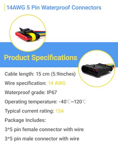 14AWG 5 Pin Waterproof Electrical Connector Quick Connect 3 Pack - size: 5 Pin