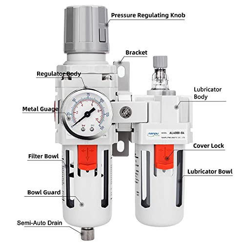 NANPU 1/2" NPT Air Filter Regulator Lubricator Combo, Water Separator - size: 1/2" NPT, style: Semi-Auto Drain, Metal Coupler & Plug