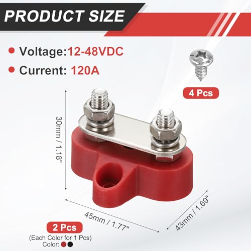 MECCANIXITY 2Pcs 12-48VDC 120A Bus Bar Marine Power Distribution Blocks, 1/4" Dual Studs Automotive Busbar Terminal Block with Accessories for Car Boat Solar Wiring, Red, Black - color: Red, Black, size: 1/4"