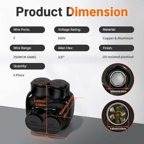 2 Port Insulated Multi Tap Connector 350MCM-6AWG Aluminum to Copper Wire Connectors Single Side Entry Aluminum Wire Connectors with Slotted Allen Hex - 6 Pack - color: 350mcm-6 Awg(6pcs)