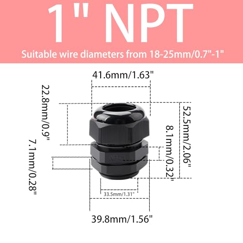 2PCS 1" NPT Black Cable Glands, IP68 Waterproof Nylon Strain Relief Cord Grips, Adjustable 18-25mm Wire Connectors with Rubber Gaskets & Locknuts for Junction Box Electrical Fittings - size: 1" NPT