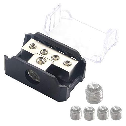 4 Way Power Distribution Block, 1x 0/2/4 AWG Gauge in / 4X 4/8/10 Gauge Out Amp Power Distribution Ground Distributor Connecting Block for Car Amplifier Audio Splitter 2 Pack