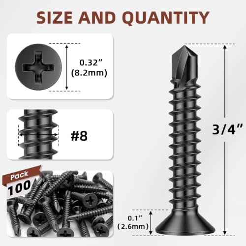 Mellewell #8 x 3/4" Black Flat Head Sheet Metal Screws, 100 PCS - color: Black, size: #8 x 3/4"
