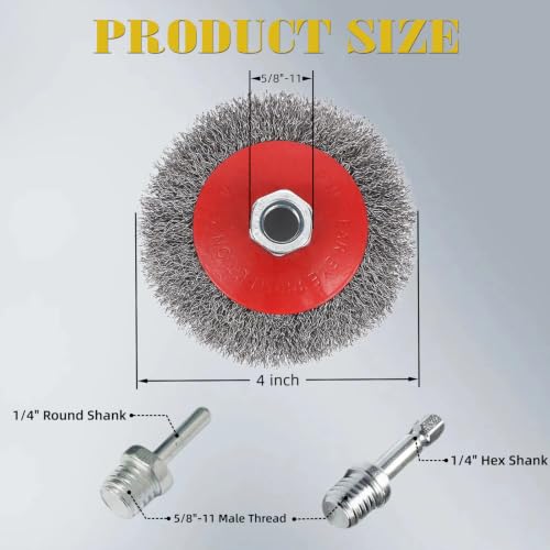4 Pcs 4" Coarse Crimped Wire Wheel for 4-1/2" Angle Grinder, 0.014 Inch Carbon Steel Wire Brush for Rust, Corrosion, Paint Removal, Fits 5/8"-11 UNC Arbor(with 2 Pcs 1/4" Shank Drill Adapter) - style: 4" Coarse Crimped Wire Wheel