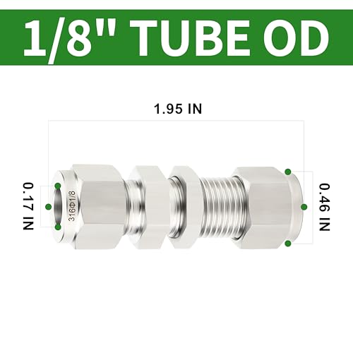 1PCS 316 Stainless Steel Thru-Bulk Bulkhead Compression Tube Pipe Fitting Connector, 1/8" Tube OD x 1/8" Tube OD Straight Adapter, for fuel/air/liquid/oil/gas - size: 1/8" Tube OD