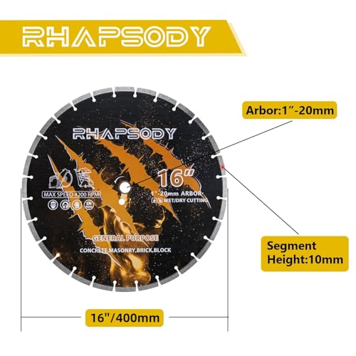 RHAPSODY 16 Inch Diamond Saw Blade, Segmented General Purpose Blade - color: Segmented Blade, size: 16Inch