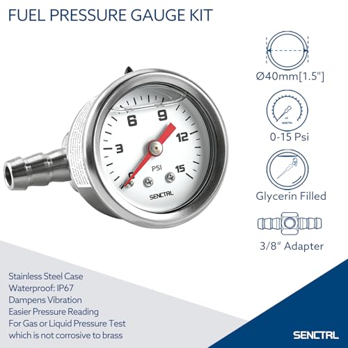 SENCTRL 0-15 Psi Fuel Pressure Gauge Kit with 3/8" Fuel Line Fittings - size: 0-15 Psi, style: Back Mount for 3/8 Fuel line (Stainless Steel adapter kit)