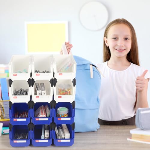 12 Packs Stackable Storage Bins, 11" x 5" x 5" Plastic Bins, - color: Blue & White 12pack, size: 11x5x5 inch