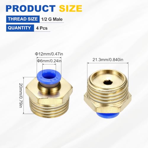 4Pcs Pneumatic Push to Connect Fitting Fit 6mm OD Tube 1/2 G Male - size: 6mm OD x 1/2 G