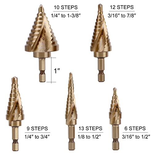 COMOWARE 5PCS M35 Cobalt Step Drill Bit Set with 1/4" Hex Shank, Automatic Center Punch, Two Spiral Flute Impact Design, Ideal for Metal, Stainless Steel, Wood, Plastic - style: 6Pcs Cobalt - Hex Shank
