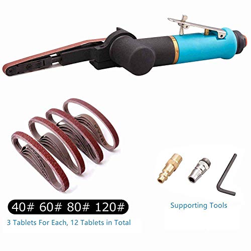 Pneumatic Tool Air Belt Sander,1/4" Air Inlet,Air Belt Sander (3/8" x 13") with 12pc Belts (#40,#60,80#,120#),3/8" Air Belt Grinder For Aluminium, Iron, Steel And Etc. Metal Polishing