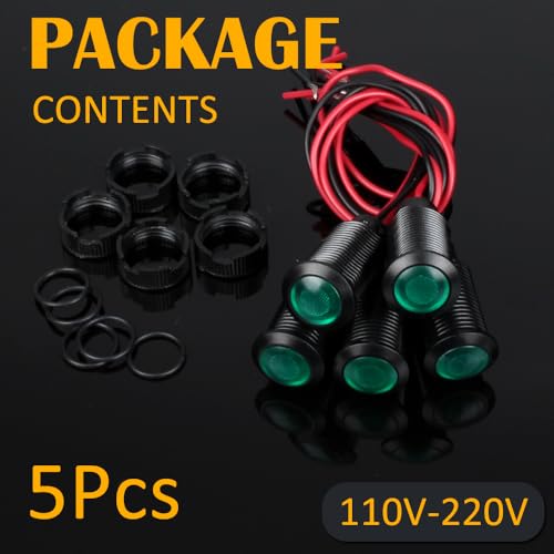 5pcs 12mm LED Indicator Light Plastic Black Signal Dot Lamp 110-220VAC 1/2 inches Mounting Hole Size with 15cm/5.9in. Wire (Green LED) - color: Green, size: 12mm 110-220V
