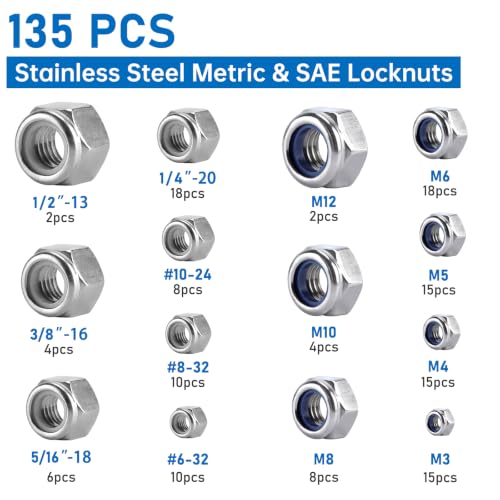 135 Pack 304 Stainless Steel A2-70 Nylon Insert Lock Nuts, SAE & Metric - color: Silver, size: Metric&SAE