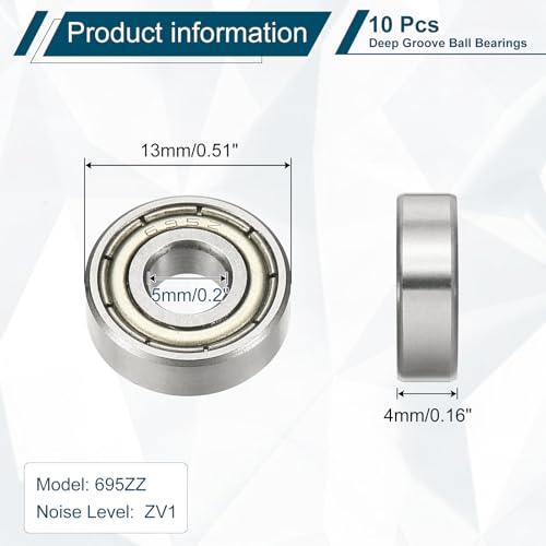 uxcell 10Pcs 695ZZ Deep Groove Ball Bearings, 5x13x4mm Chrome Steel - size: 695ZZ (5x13x4mm)
