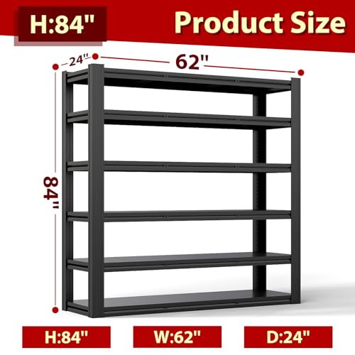 6-Tier Heavy Duty Storage Shelves Unit, Adjustable Metal Garage Shelving,6000LBS Garage Storage Industrial Shelves,Storage Racks,Steel Shelf Suitable for Shop,Warehouse,Basement - size: 6-Tier 84"H x 62"W x 24"D
