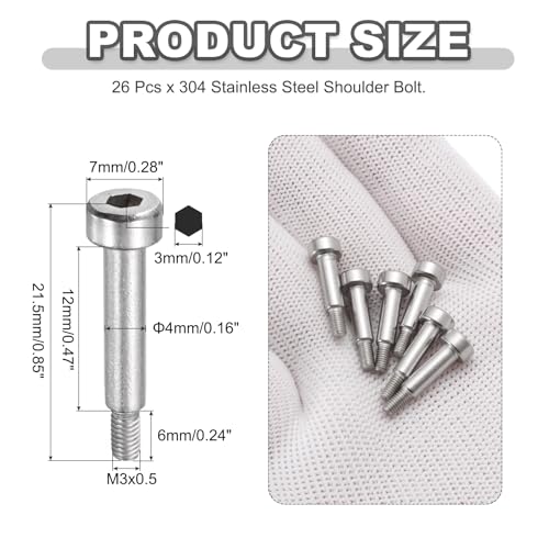 MECCANIXITY 26 Pcs 304 Stainless Steel Shoulder Bolt 4mm Shoulder Dia 12mm Shoulder Length M3x0.5 Thread Hex Socket Shoulder Bolts for Hydraulic Injection Molding Machinery Industries - size: 4mm x 12mm
