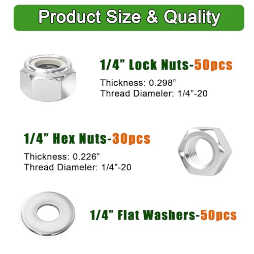 130PCS 1/4"-20 Lock Nuts & Hex Nut & Flat Washer,304 Stainless Steel - color: Silver, size: 130Pcs-1/4"
