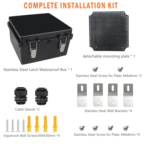 Electrical Junction Box, IP67 Waterproof Outdoor Box ABS Plastic Enclosure with Stainless Steel Latches & Brackets, Hinge Black Cover Project Box with Mounting Plate 8.3"x8.3"x5.1" - color: Black, size: 8.3"x8.3"x5.1"