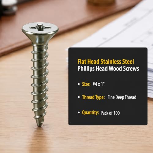 BCP Fasteners #4 x 1 Stainless Steel Flat Head Wood Screws, 100 Pack - size: #4 x 1"