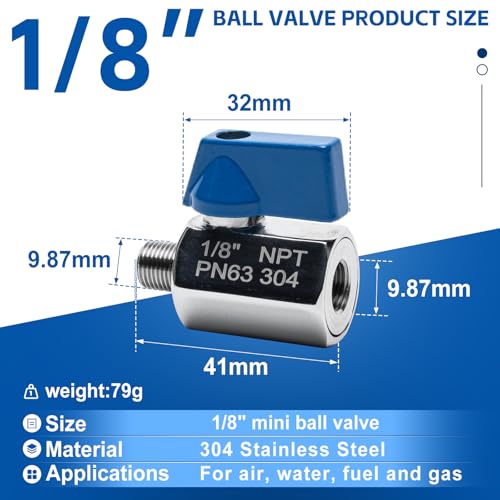2 Pack 1/8" Mini Ball Valve, 304 Stainless Steel Valve NPT Female x Male Thread Shut-Off Valves for Small Compact Space (2, 1/8 Inch) - size: 1/8 Inch