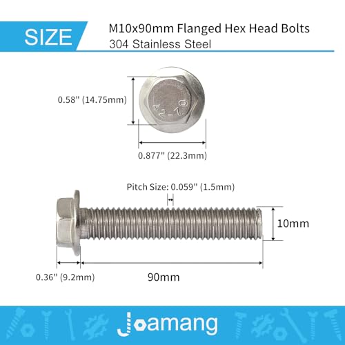 M10 x 90mm 4Pcs Flanged Hex Head Bolts, M10 x 1.5 Bolts, Flange Hexagon Head Screws, 304 Stainless Steel, Bright Finish, Metric Fully Thread - size: M10 x 90mm(4PCS)