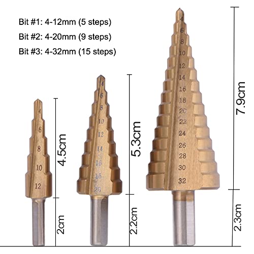 Step Drill Bit Set 3Pcs, Titanium Coated Double‑Cutting Blades