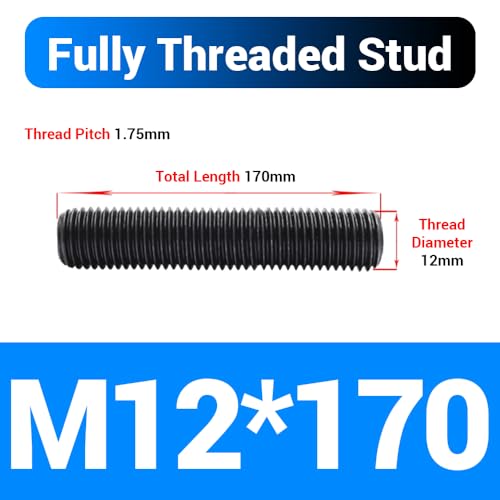 5pcs M12*170mm Fully Threaded Stud, Grade 10.9 Carbon Steel Black Oxide Finish Long Threaded Rod Bar for Furniture Industrial Maintenance Connection Fasteners - size: M12*170-5PCS