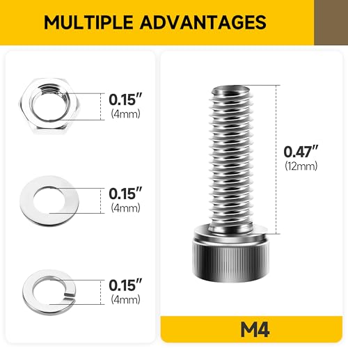 Mywish (100Sets) M4 Screw Kit, M4 x 12mm Socket Head Cap Screws Bolts, 304 Stainless Steel Allen Socket Hex Drive Bolts, Bright Finish M4 Screws with Nuts and Washers & Hex Spanner - size: M4 x 12mm
