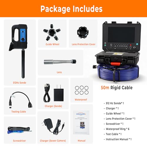 Holdwells Sewer Camera with 512Hz Locator 9" Pipeline Inspection Camera 50m - size: 165FT/50M, style: 9" Screen with Locator