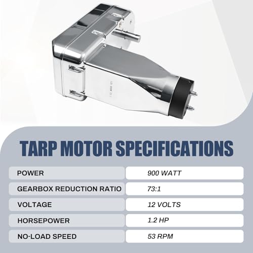 900W 73:1 1.2HP Electric Tarp Motor for Dump Trucks up to 57' Length, Universal High Torque Tipper Truck Canopy Motor for Dump Truck Tarp System with Chrome Housing Cover- 12V, 53RPM, 5 Years Warranty - size: 900w 73:1