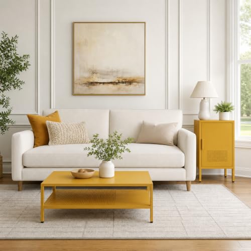 Single Door Metal Coffee Table Adjustable Easy to Assemble Living Room 2-Tier Side Table for Storing Mobile Phones and Books Children's Bedside Table Yellow 24" H X 13.8" W X 15" D - color: Mustard, style: End Table-24"H-BG