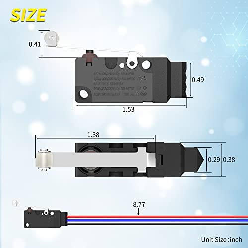 Joinfworld Waterproof Micro Limit Switch with Long Straight Hinge Lever SPDT 3 PIN Pre-Wired 10A 125 250V Micorswitch for Arduino, Appliance and Electronic - 2Sets - style: WS2-Roller Lever