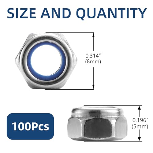 M5 x 0.8mm Nylon Insert Hex Lock Nuts 100Pcs 304 Stainless Steel Locknuts, Hex Drive, Bright Finish, by SG TZH - color: Silver, size: M5
