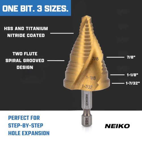 NEIKO 10637A Step Drill Bit, 3 Steps 7/8" to 1-7/32" Spiral High Speed Steel, Titanium Nitride Coated, 1/4” Quick Change Step Bits for Steel, Metal, Wood, Plastic, Unibit Cone Drill Bits, Two Flute - size: #11 (7/8 - 1-7/32", 3S), style: Spiral