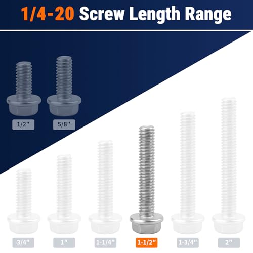 1/4-20 x 1-1/2" Flange Hex Bolts, 304 Stainless Steel 18-8, A2-70 Grade, Non-Serrated Flange Bolts for Automotive Repair, Fully Threaded, 20 Pcs - size: 1/4-20 x 1-1/2