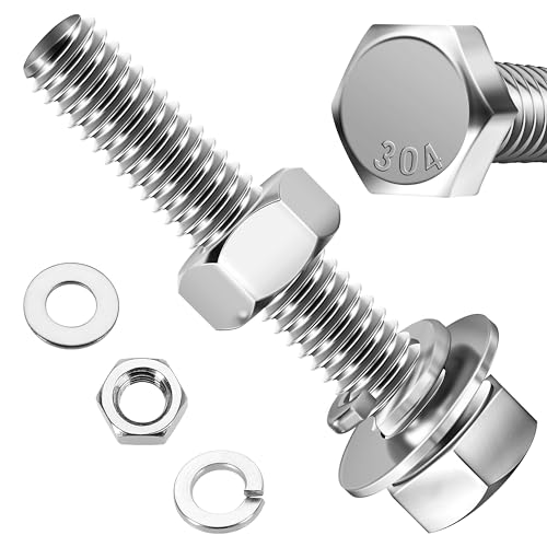 Mywish (6 Sets) 3/8-16x2 Hex Head Nuts and Bolts with Flat & Lock Washers, 304 Stainless Steel 18-8, Fully Threaded, 3/8 Bolts, Hex Bolts Metric Bolt Assortment - size: 3/8-16 x 2 (6 set)