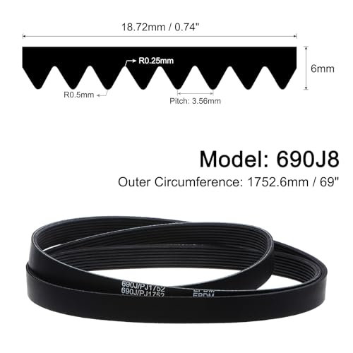uxcell 690J8 PJ V-Ribbed Belt 8 Ribs 69" Length x 0.74" Width x 0.14" Thick, EPDM Poly V Belt, Industrial Transmission Serpentine Belt - size: 690J8