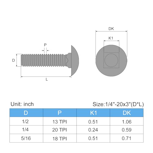 uxcell 1/4-20x3 Carriage Bolt, 10pcs Round Head Square Neck Screws, 304 Stainless Steel, Fully Threaded, Silver - size: 1/4-20x3"